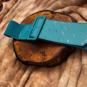 Turquoise 3” Stretch with faux Patent Wide Belt with Buckle 36” to 40”